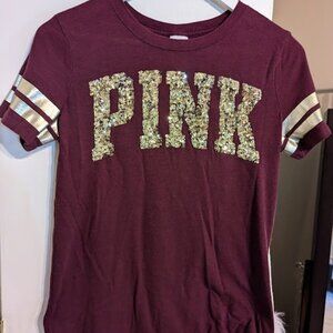 Victoria's Secret PINK Sparkle Sequin Game Day Logo Shirt XS Maroon Gold EUC